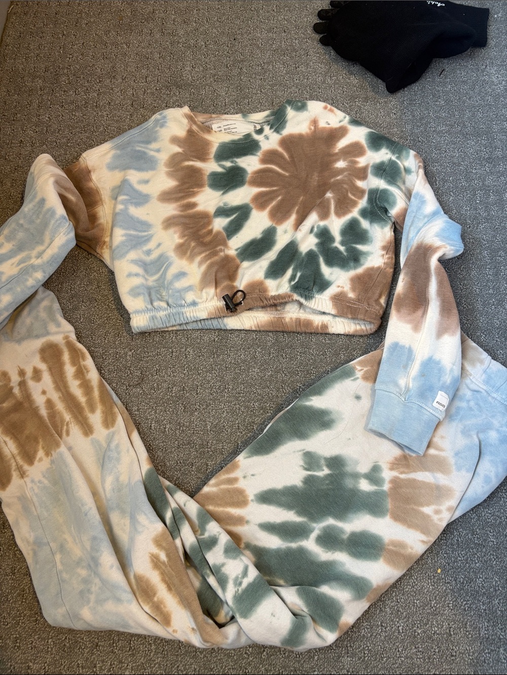 RSQ Tie-Dye Cropped Sweatshirt and Jogger Set in Brown, Green, Blue